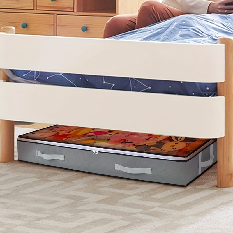 Under-bed storage box with handles that is perfect for organizing comforters, blankets, bedding, pillows, and toys. This freestanding closet system has a capacity of less than 3.2 cubic feet and is lightweight, weighing less than 13.61 kilograms. It also