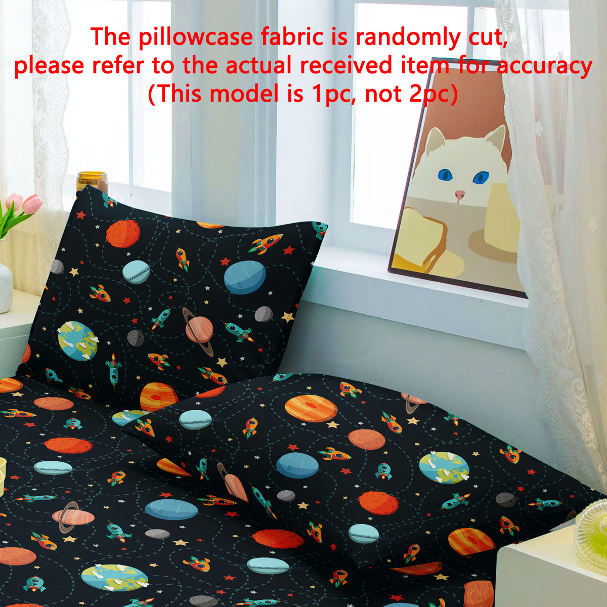 Soft Brushed Polyester Space Explorer Pillowcase with Fun Planet & Spaceship Design, featuring Pocket Closure. Machine Washable and Perfect for Modern Bedrooms and Space Room Decor.