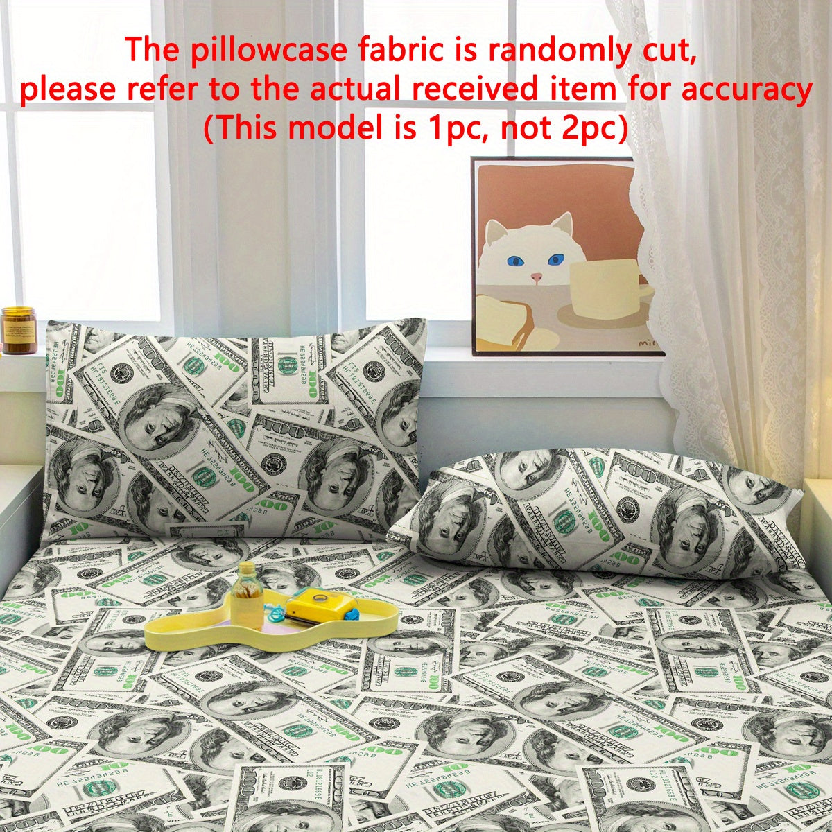 Soft pillowcase with modern minimalist US dollar dream pattern print made from 100% polyester woven fabric. This pillow protector is quilted, machine washable, and features active printing. It has a pocket closure design and comes in a single pack.