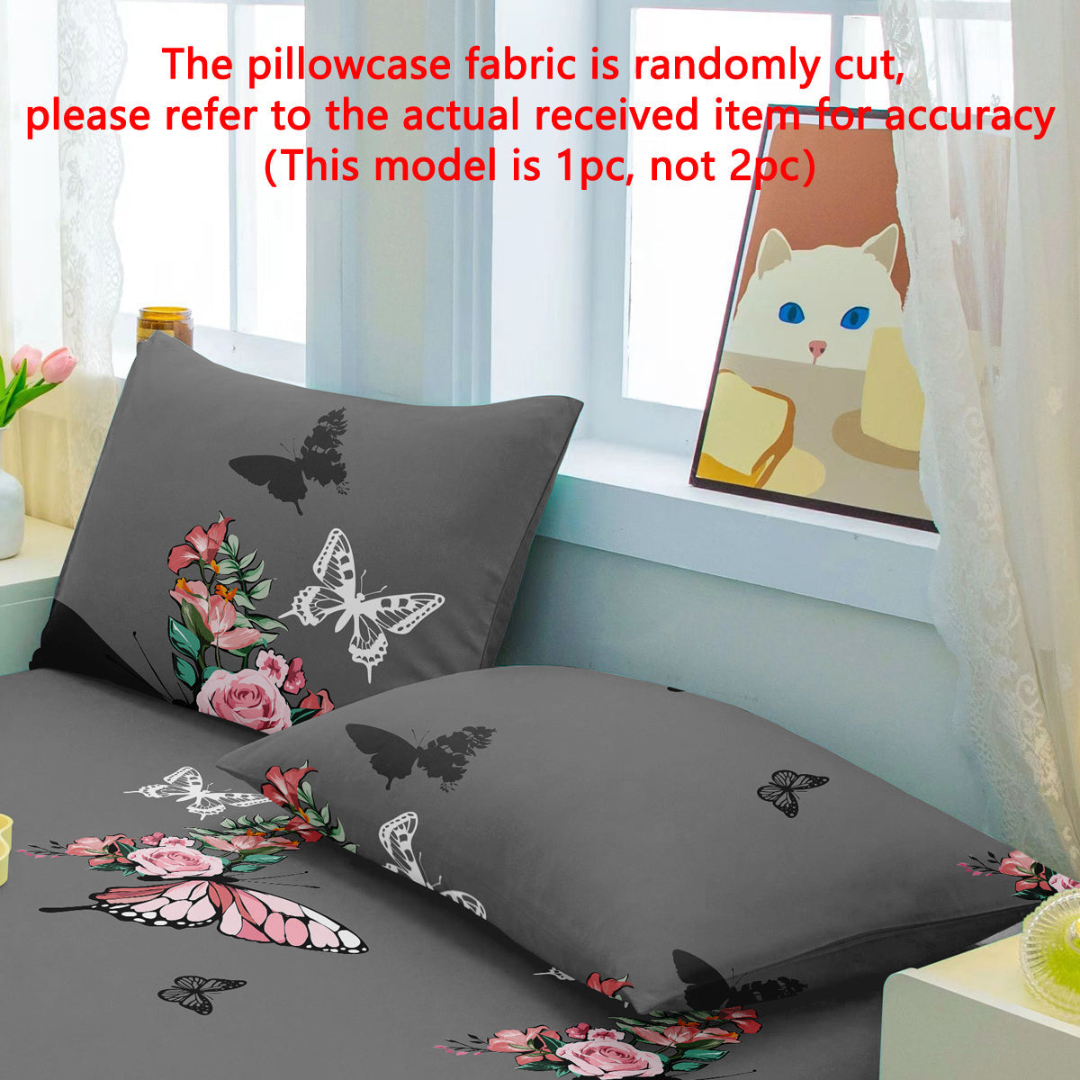 Modern Floral Rose & Butterfly Pattern Quilted Pillowcase, One Piece, Soft Brushed Polyester Pillow Protector with Pocket Closure, Active Print Machine Washable, Lightweight (80-85gsm), Bedroom Bedding Accessory