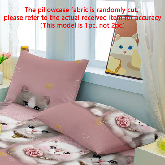 Single pack of a quilted pillowcase with a cute cat print made of woven polyester. This pillowcase is printed using active printing technology and is made of soft brushed fabric weighing 80-85g. It is machine washable and serves as a bedroom decor pillow