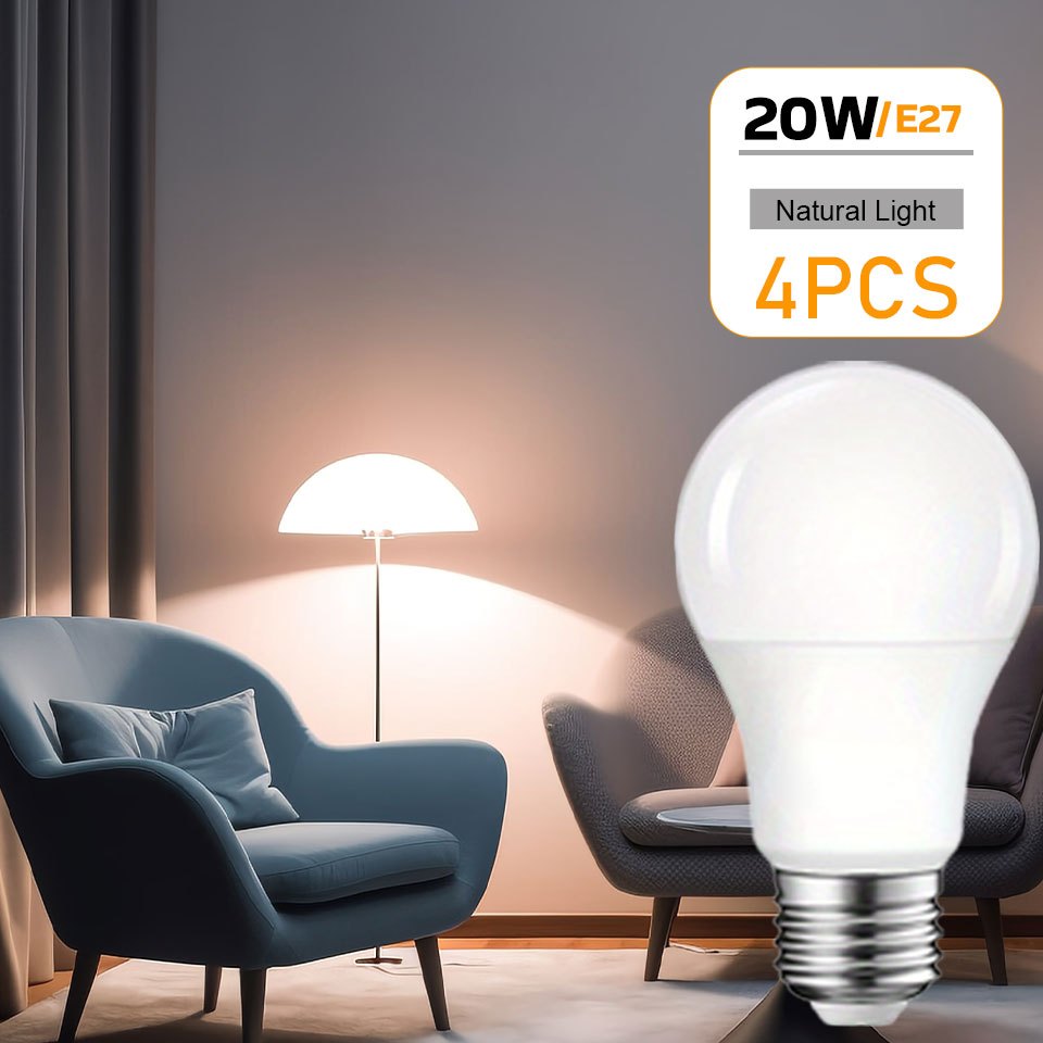 PIBAOGU LED Bulbs: 4pcs A70 E27 Base, 20W, 80% cool white & natural light, energy-efficient, flicker-free, 25,000+ hour lifespan. Ideal for home use in living room, bedroom, kitchen, office.