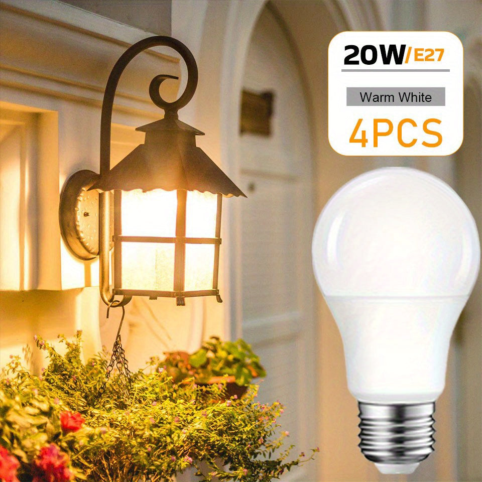 PIBAOGU LED Bulbs: 4pcs A70 E27 Base, 20W, 80% cool white & natural light, energy-efficient, flicker-free, 25,000+ hour lifespan. Ideal for home use in living room, bedroom, kitchen, office.