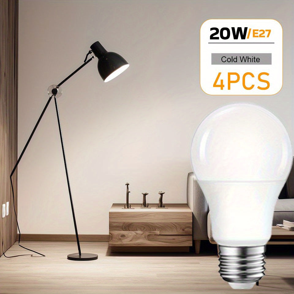 PIBAOGU LED Bulbs: 4pcs A70 E27 Base, 20W, 80% cool white & natural light, energy-efficient, flicker-free, 25,000+ hour lifespan. Ideal for home use in living room, bedroom, kitchen, office.