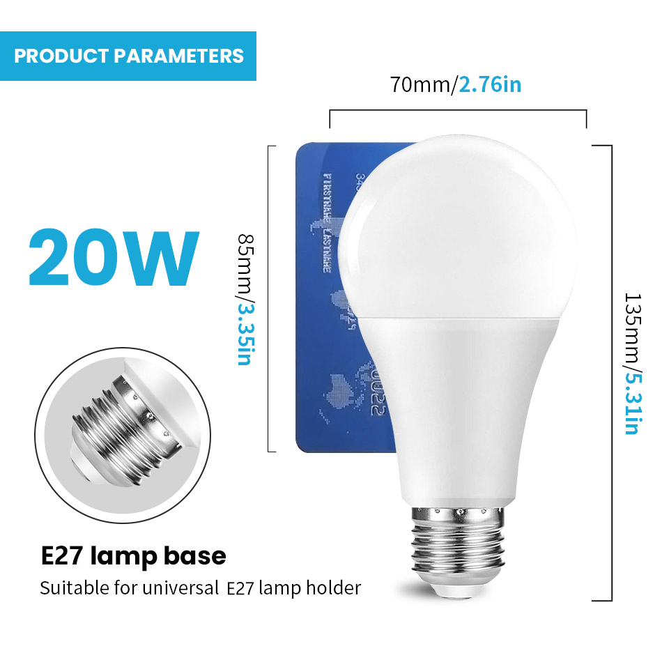 PIBAOGU LED Bulbs: 4pcs A70 E27 Base, 20W, 80% cool white & natural light, energy-efficient, flicker-free, 25,000+ hour lifespan. Ideal for home use in living room, bedroom, kitchen, office.