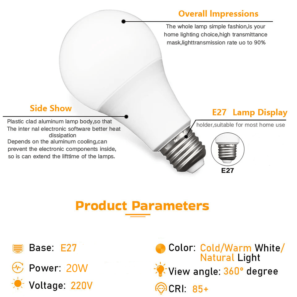 PIBAOGU LED Bulbs: 4pcs A70 E27 Base, 20W, 80% cool white & natural light, energy-efficient, flicker-free, 25,000+ hour lifespan. Ideal for home use in living room, bedroom, kitchen, office.