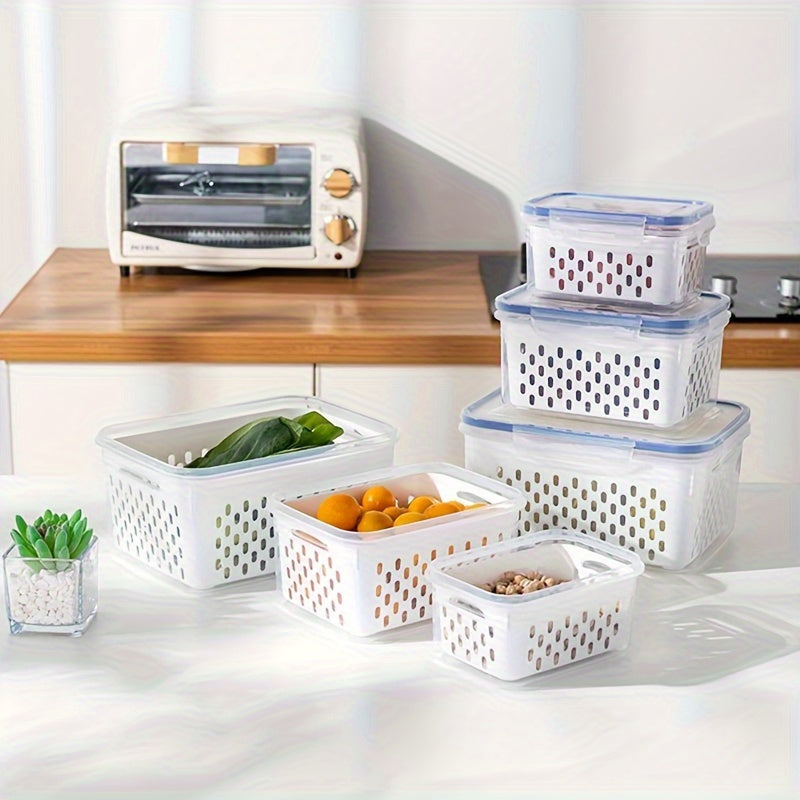 Set of four leak-proof and BPA-free food storage containers with a 2-layer airtight design, perfect for convenient meal prep. These reusable and stackable organizers are great for storing fruits, vegetables, meat, and grains in the kitchen.