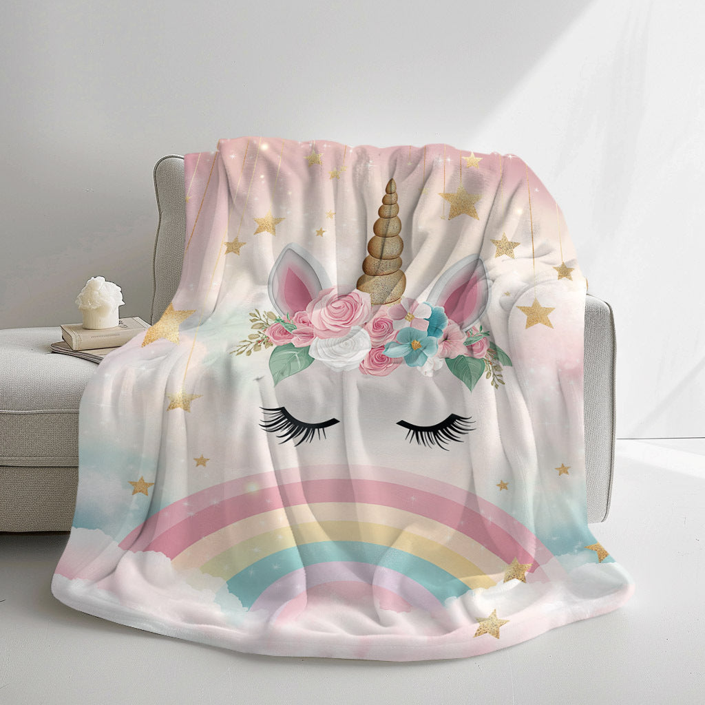 YUZHIYU Soft Flannel Unicorn Blanket - Single Piece, Featuring Digital Print, Made of Polyester, Quilted Design, Lightweight at 200-250gsm, Modern Style with Rainbow, Stars & Clouds Pattern, Versatile Cozy Throw for Year-round Use - Perfect for Naptime