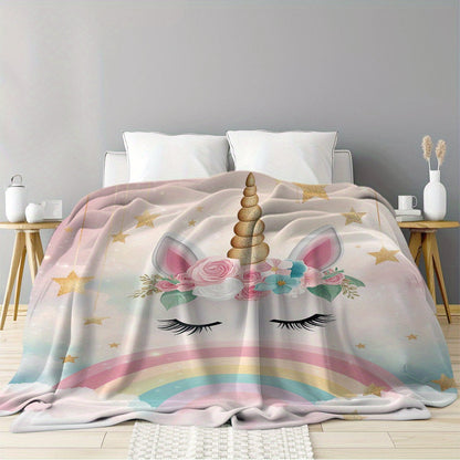 YUZHIYU Soft Flannel Unicorn Blanket - Single Piece, Featuring Digital Print, Made of Polyester, Quilted Design, Lightweight at 200-250gsm, Modern Style with Rainbow, Stars & Clouds Pattern, Versatile Cozy Throw for Year-round Use - Perfect for Naptime