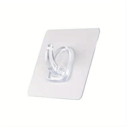 10 clear acrylic sticky hooks with cow horn design for strong, drill-free wall attachment in bathroom and kitchen. Rust-resistant and durable.