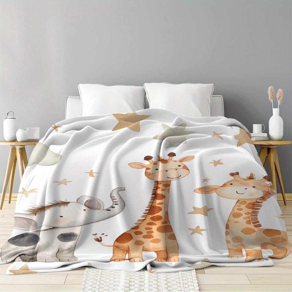 Stay warm and cozy with the 1pc YUZHIYU Flannel Blanket featuring adorable elephant, giraffe, and star prints. This soft and comfortable blanket makes the perfect gift for friends, family, and loved ones, and is ideal for naps, camping, travel, office