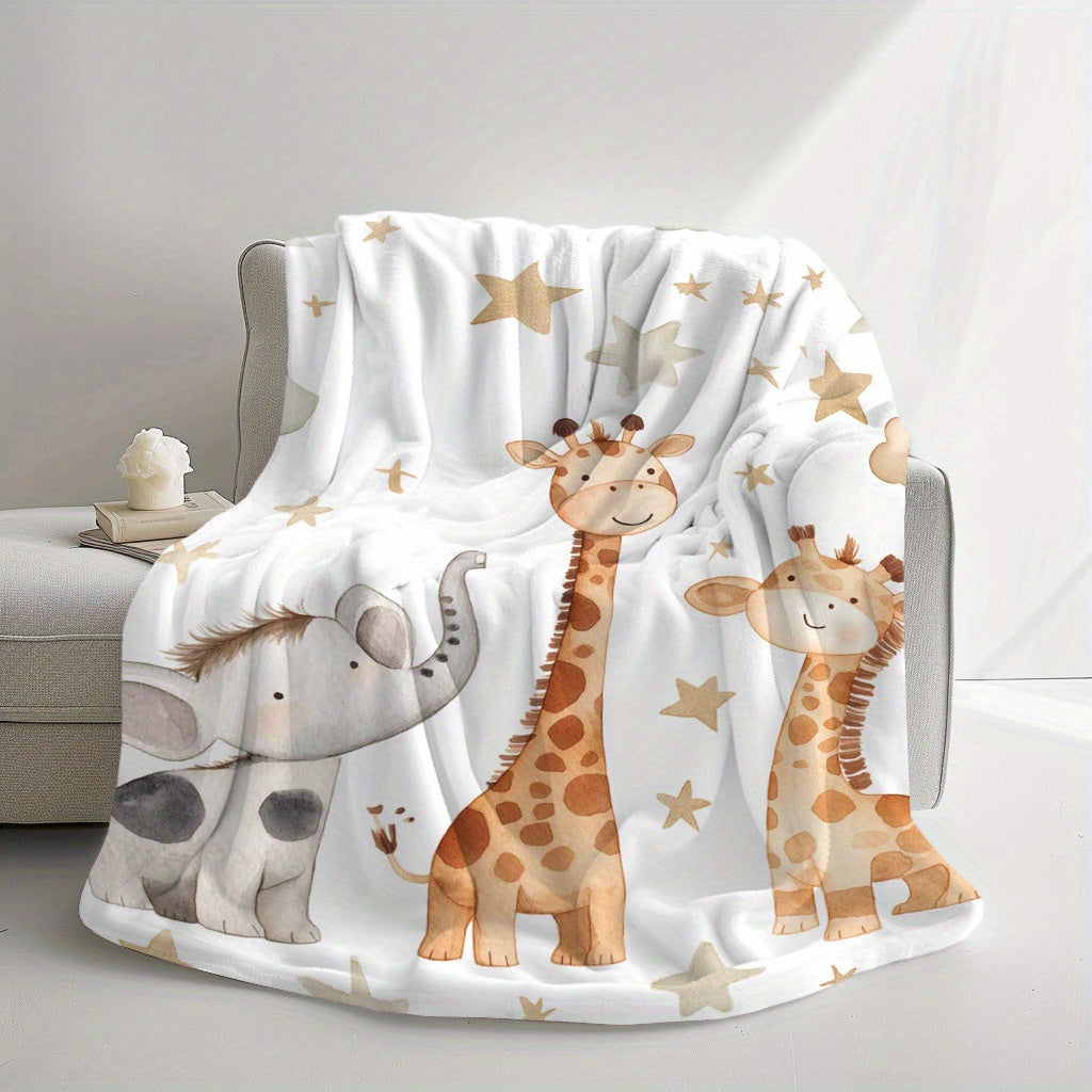 Stay warm and cozy with the 1pc YUZHIYU Flannel Blanket featuring adorable elephant, giraffe, and star prints. This soft and comfortable blanket makes the perfect gift for friends, family, and loved ones, and is ideal for naps, camping, travel, office