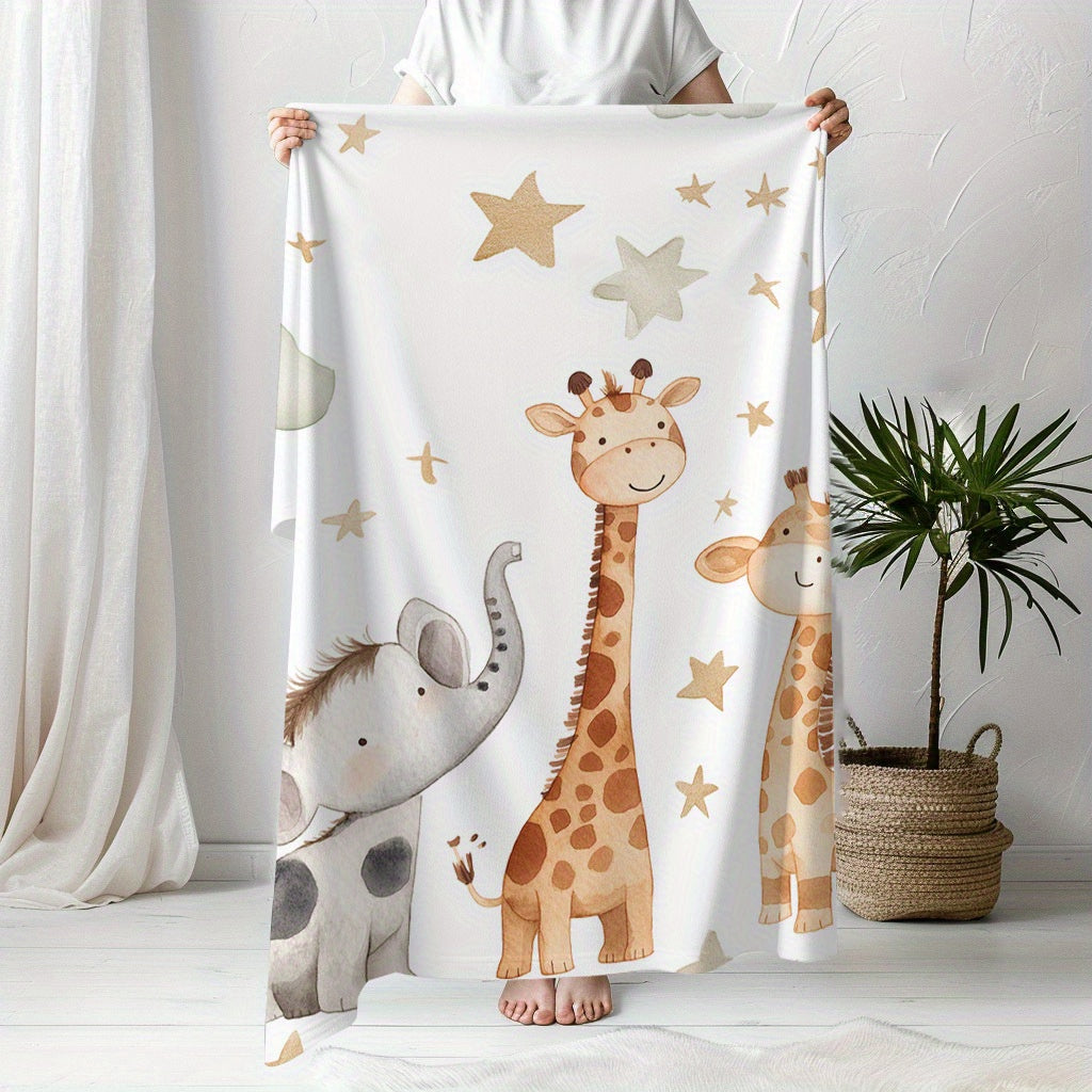 Stay warm and cozy with the 1pc YUZHIYU Flannel Blanket featuring adorable elephant, giraffe, and star prints. This soft and comfortable blanket makes the perfect gift for friends, family, and loved ones, and is ideal for naps, camping, travel, office