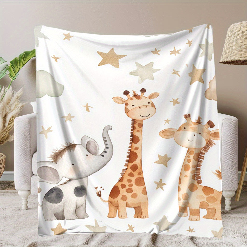 Stay warm and cozy with the 1pc YUZHIYU Flannel Blanket featuring adorable elephant, giraffe, and star prints. This soft and comfortable blanket makes the perfect gift for friends, family, and loved ones, and is ideal for naps, camping, travel, office