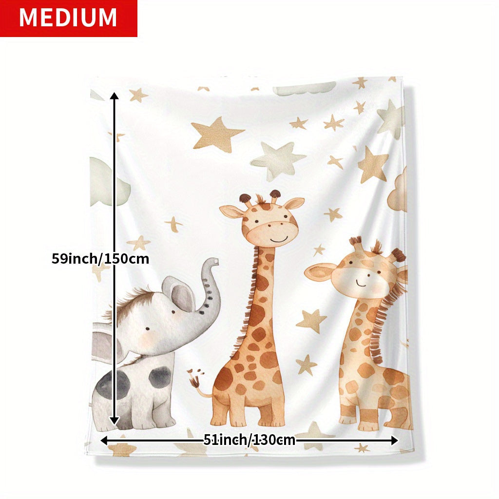 Stay warm and cozy with the 1pc YUZHIYU Flannel Blanket featuring adorable elephant, giraffe, and star prints. This soft and comfortable blanket makes the perfect gift for friends, family, and loved ones, and is ideal for naps, camping, travel, office