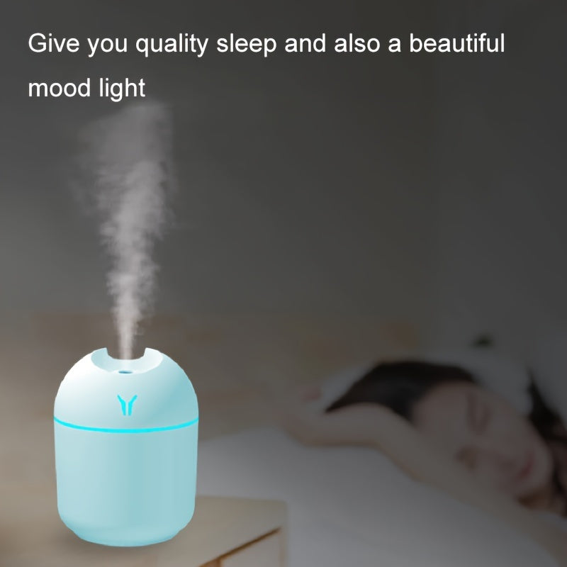 USB-powered 250ml colorful cool mist humidifier with LED light, ideal for home, office, car, holidays, and back to school gifts.