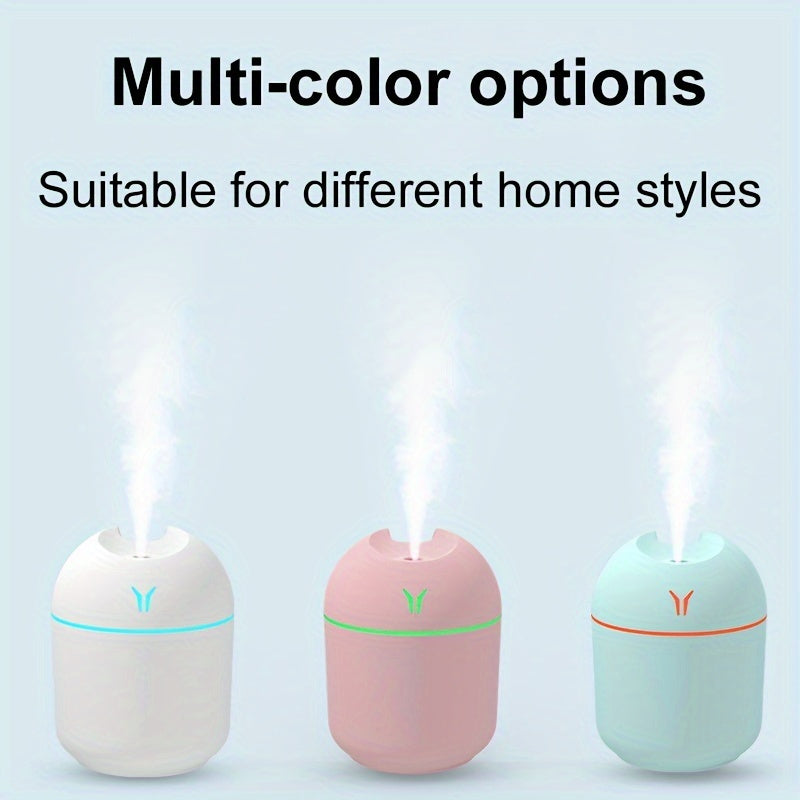 USB-powered 250ml colorful cool mist humidifier with LED light, ideal for home, office, car, holidays, and back to school gifts.