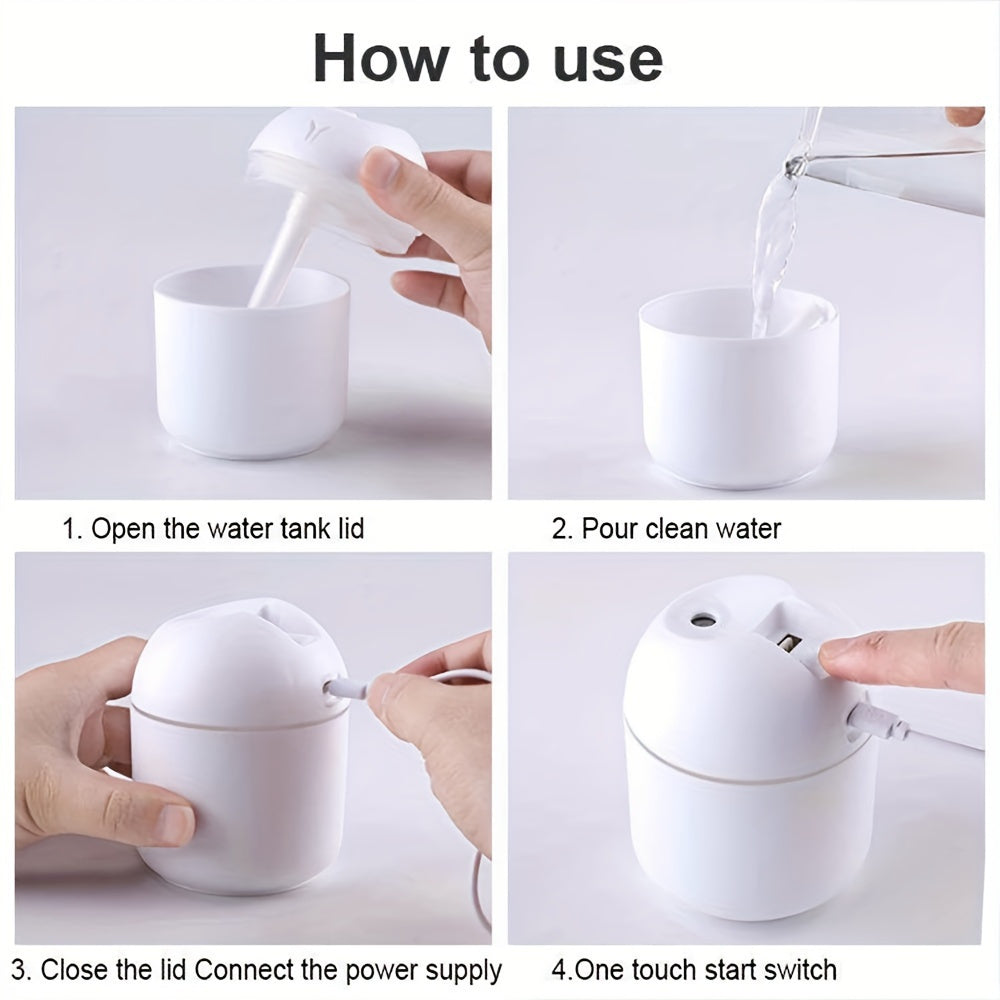 USB-powered 250ml colorful cool mist humidifier with LED light, ideal for home, office, car, holidays, and back to school gifts.