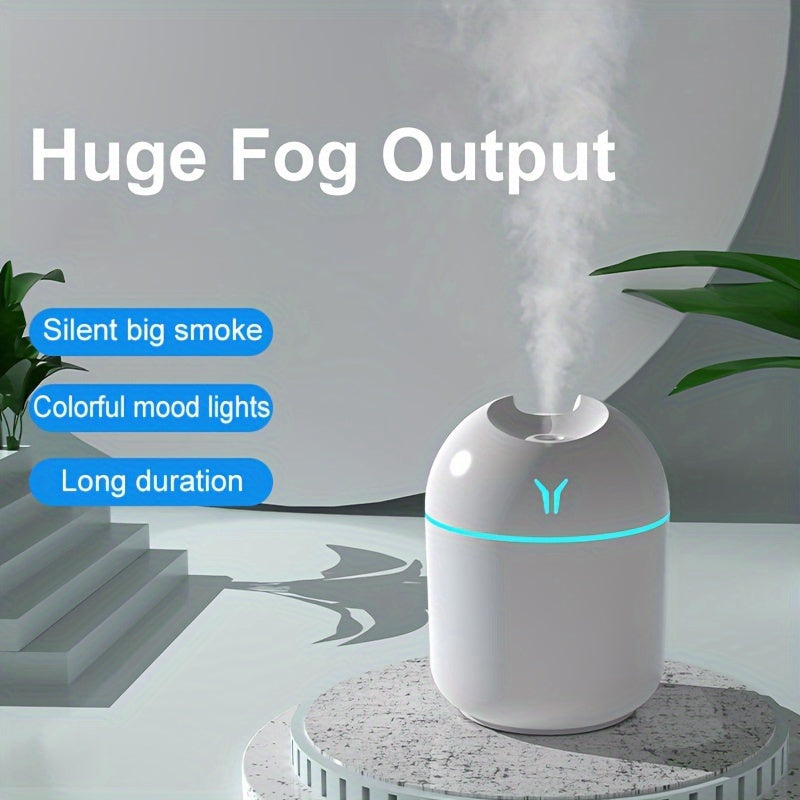 USB-powered 250ml colorful cool mist humidifier with LED light, ideal for home, office, car, holidays, and back to school gifts.