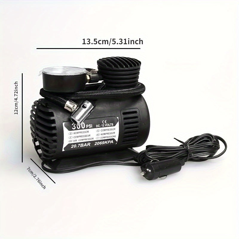 High-Pressure Portable Air Compressor: 300 PSI with Pressure Gauge, ideal for motorcycles, bicycles, sports balls. Includes red adapter.