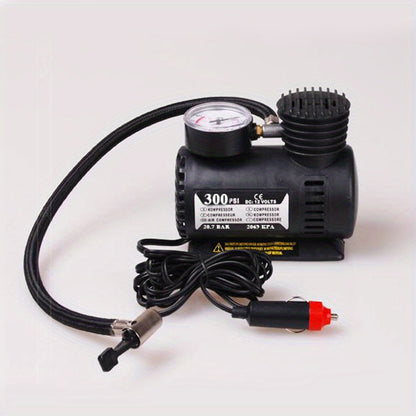 High-Pressure Portable Air Compressor: 300 PSI with Pressure Gauge, ideal for motorcycles, bicycles, sports balls. Includes red adapter.