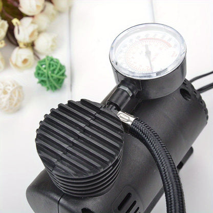 High-Pressure Portable Air Compressor: 300 PSI with Pressure Gauge, ideal for motorcycles, bicycles, sports balls. Includes red adapter.