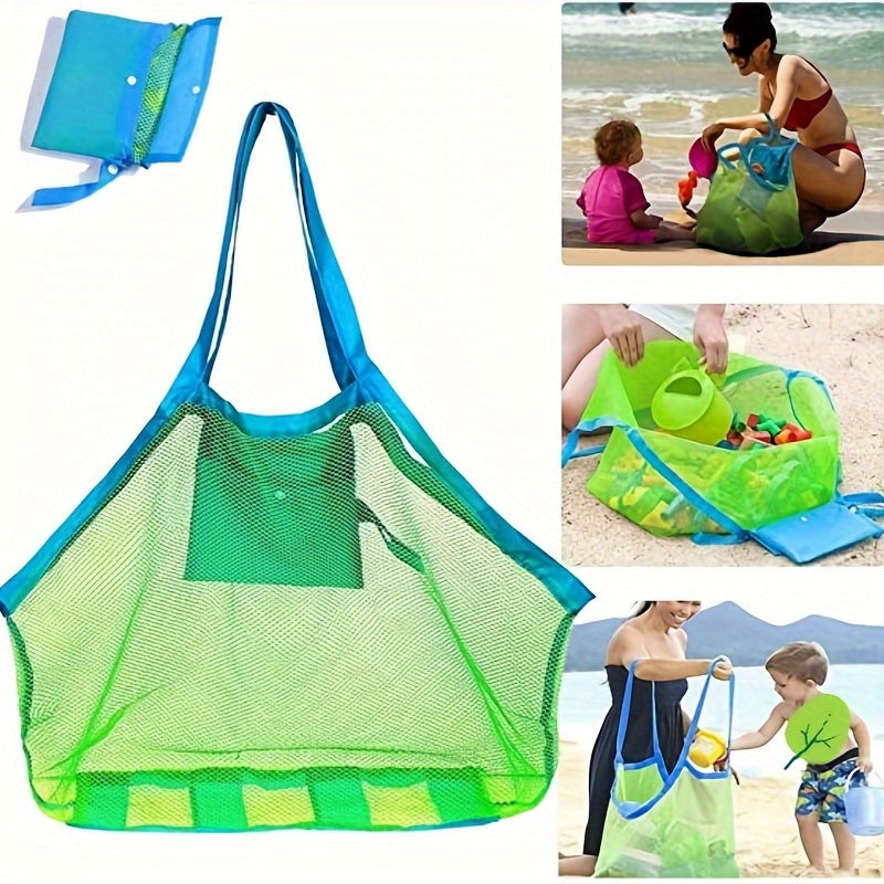 Large mesh storage bag in peacock blue color made of durable polyurethane material. Ideal for storing beach toys, picnic gear, and travel essentials. Versatile and non-waterproof.