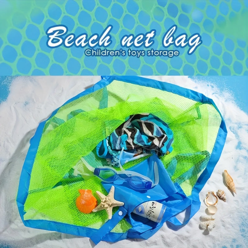 Large mesh storage bag in peacock blue color made of durable polyurethane material. Ideal for storing beach toys, picnic gear, and travel essentials. Versatile and non-waterproof.