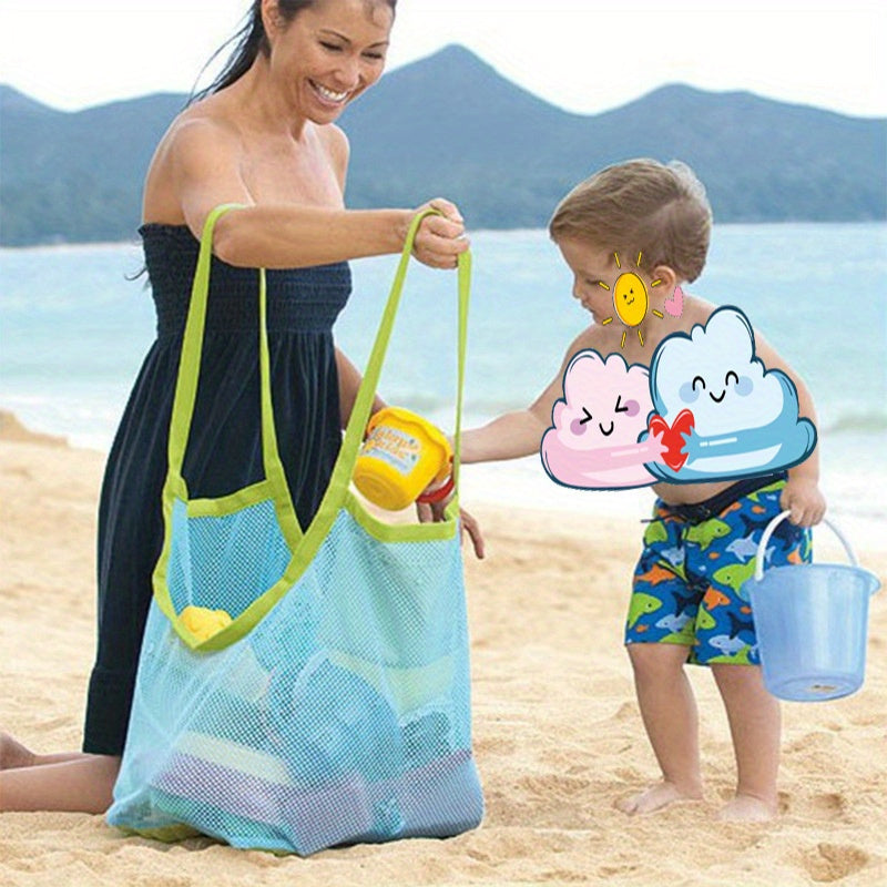 Large mesh storage bag in peacock blue color made of durable polyurethane material. Ideal for storing beach toys, picnic gear, and travel essentials. Versatile and non-waterproof.