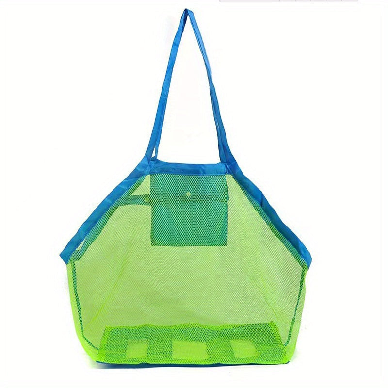 Large mesh storage bag in peacock blue color made of durable polyurethane material. Ideal for storing beach toys, picnic gear, and travel essentials. Versatile and non-waterproof.