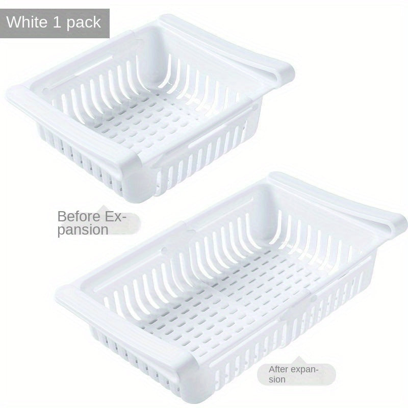 1 Piece Adjustable and Stretchable Refrigerator Storage Organizer Drawer - Made of Premium Plastic, Food-Safe Fridge Basket, Space-Saving Kitchen Organization Accessory.