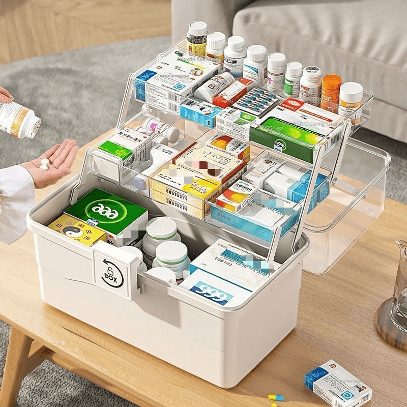 Large-capacity family medicine box for multipurpose storage in kitchens, bedrooms, and bathrooms.