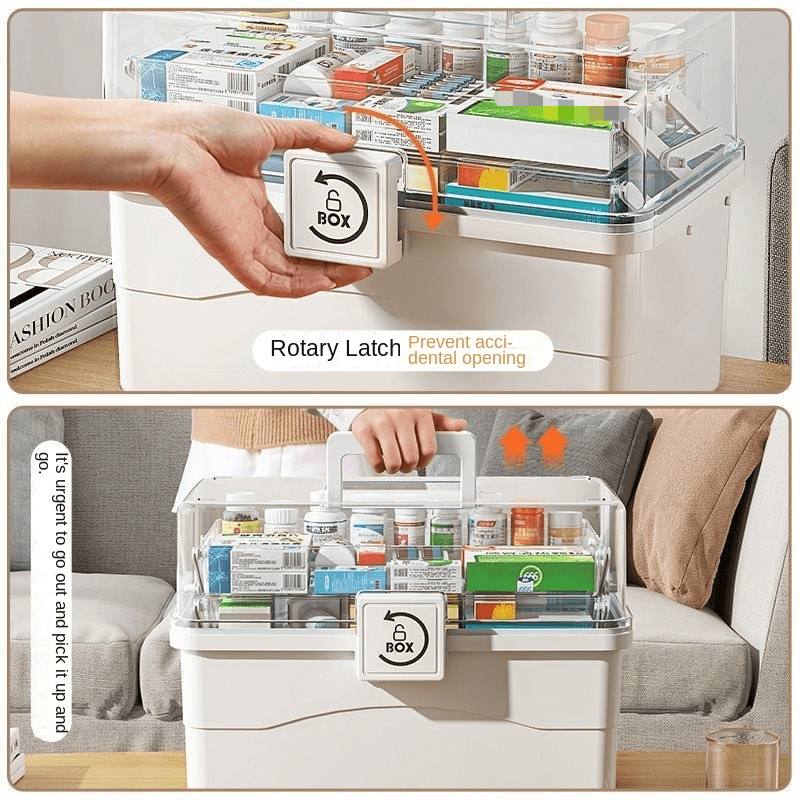 Large-capacity family medicine box for multipurpose storage in kitchens, bedrooms, and bathrooms.