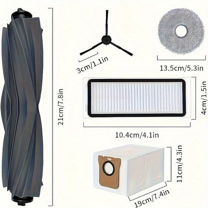 Kit of 9 replacement parts for Dreambot L20 Ultra/X20 Pro Robot Vacuum, made with high-quality plastic and cloth materials. Includes main brush, side brushes, mop pads, and dust bags for floor attachment.