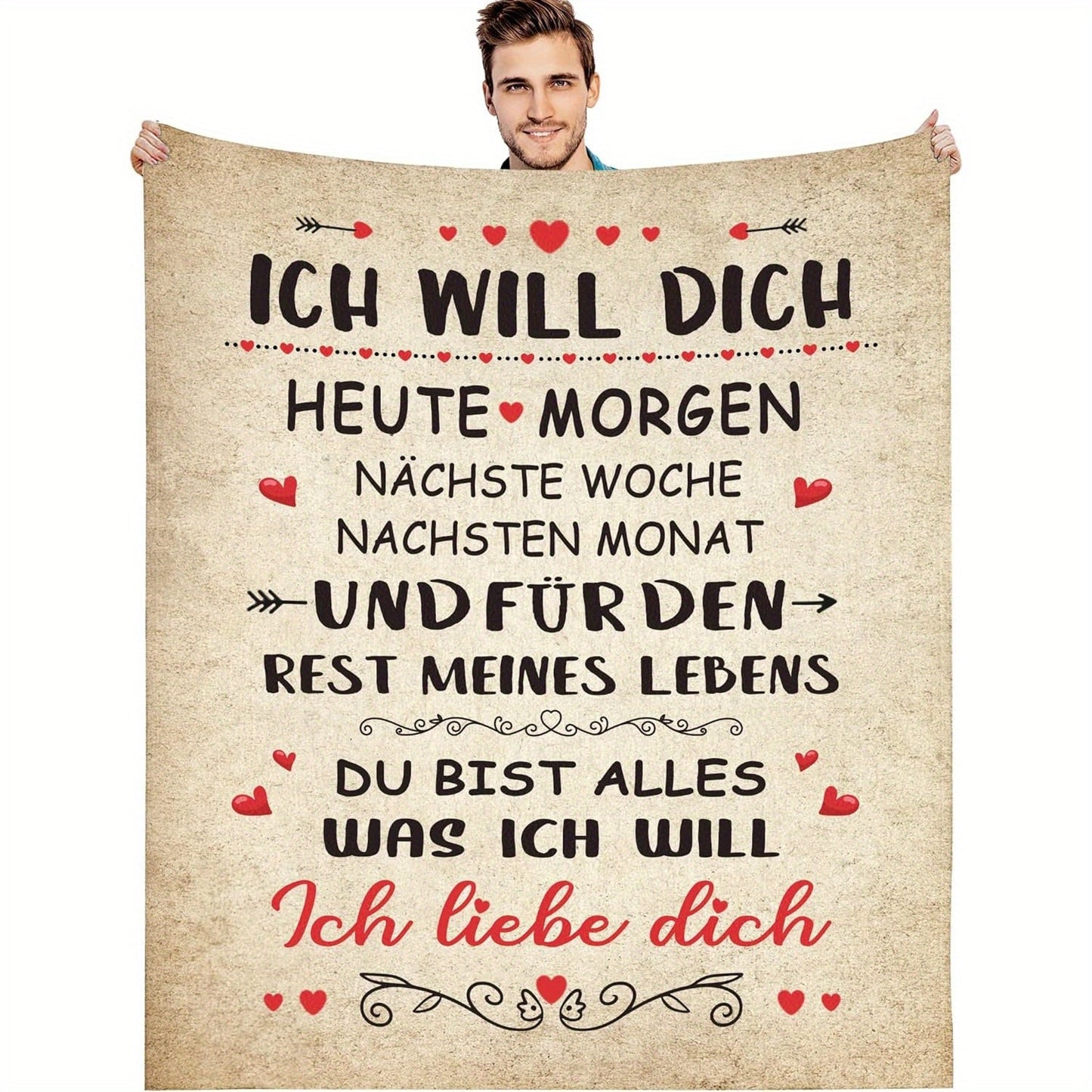 German Sentiment Flannel Fleece Throw Blanket with Vintage Love Theme: This cozy all-season blanket features a knitted digital print on soft, breathable polyester. Perfect for adding a touch of romance to your sofa or TV room. Makes a thoughtful gift for