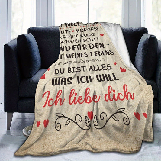 German Sentiment Flannel Fleece Throw Blanket with Vintage Love Theme: This cozy all-season blanket features a knitted digital print on soft, breathable polyester. Perfect for adding a touch of romance to your sofa or TV room. Makes a thoughtful gift for