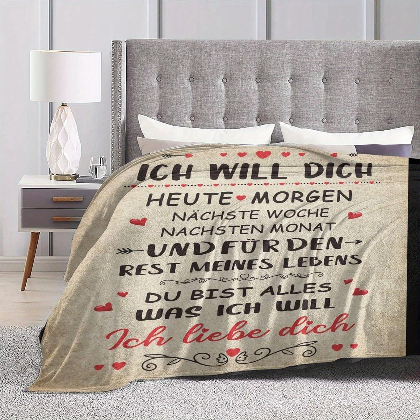 German Sentiment Flannel Fleece Throw Blanket with Vintage Love Theme: This cozy all-season blanket features a knitted digital print on soft, breathable polyester. Perfect for adding a touch of romance to your sofa or TV room. Makes a thoughtful gift for