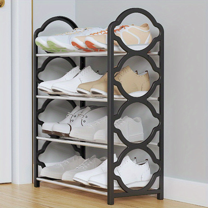 Simple to assemble, this white hexagonal 4-tier metal shoe rack organizer is designed to save space in your entryway or hallway.