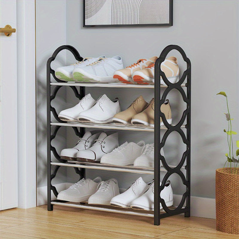 Simple to assemble, this white hexagonal 4-tier metal shoe rack organizer is designed to save space in your entryway or hallway.