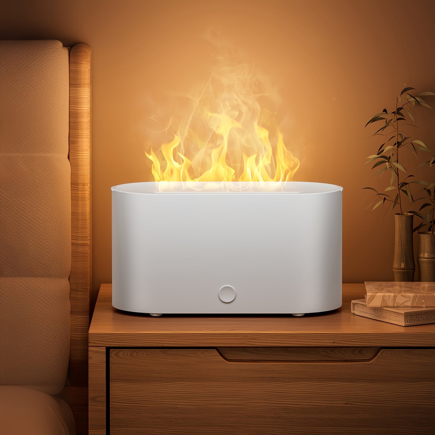 A simulated flame humidifier with smoke design for bedroom use at night. Can also be used as an aroma diffuser with essential oils. Perfect for home, office, or as a gift.