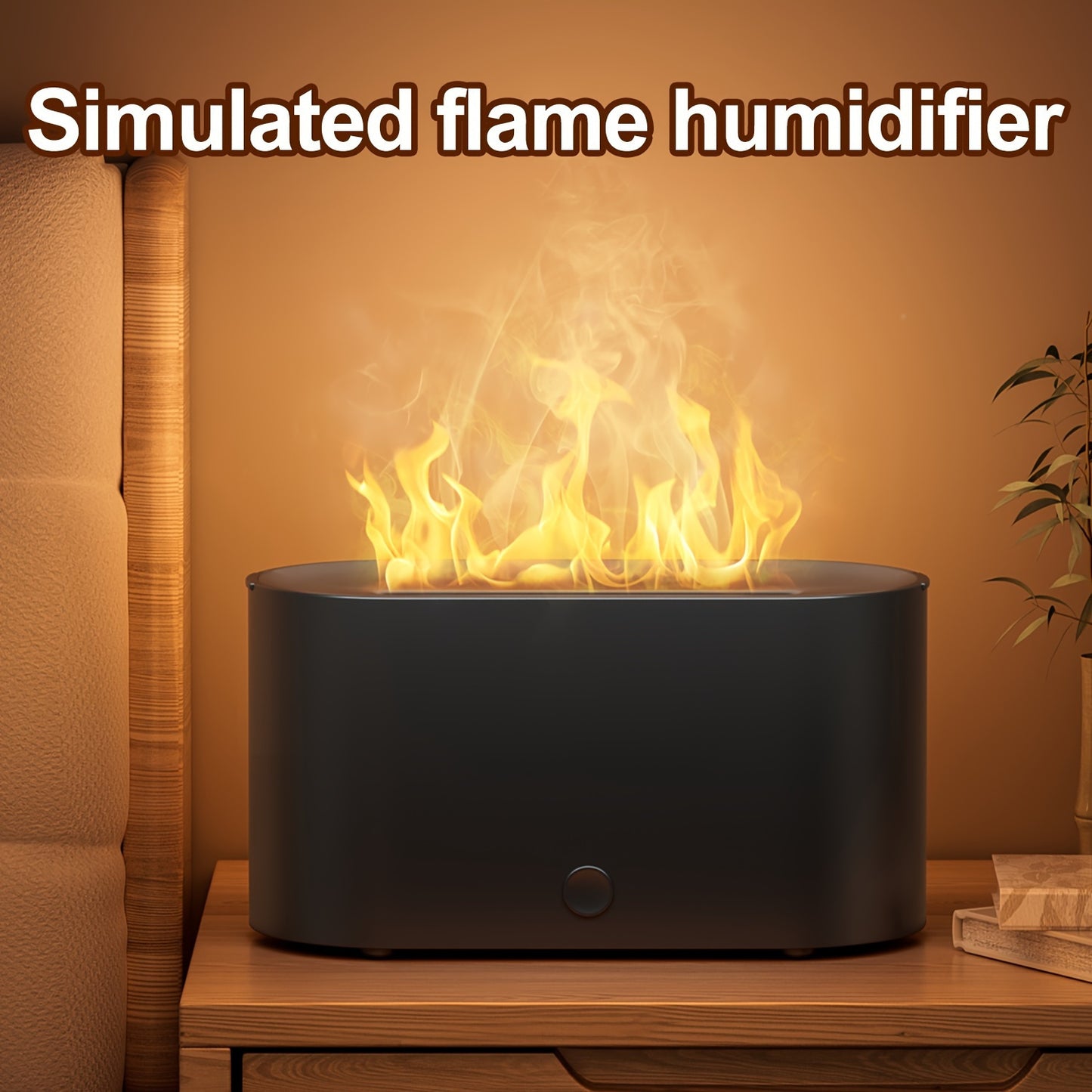 A simulated flame humidifier with smoke design for bedroom use at night. Can also be used as an aroma diffuser with essential oils. Perfect for home, office, or as a gift.