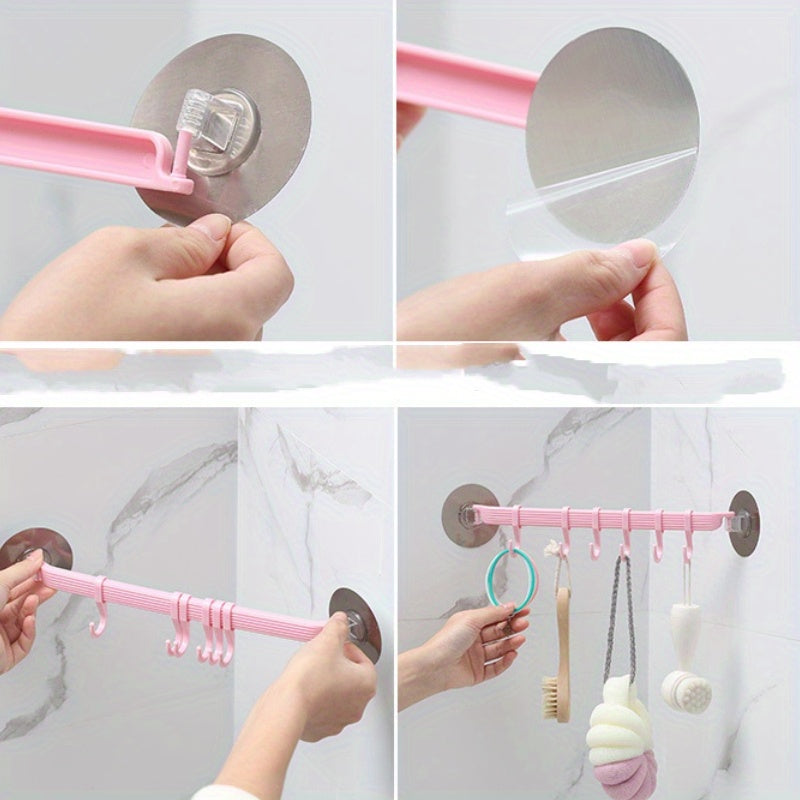 1 piece of strong adhesive hook with 6 hooks for hanging on kitchen walls, corners, or bathrooms without leaving any marks. Useful for hanging clothes and other items.