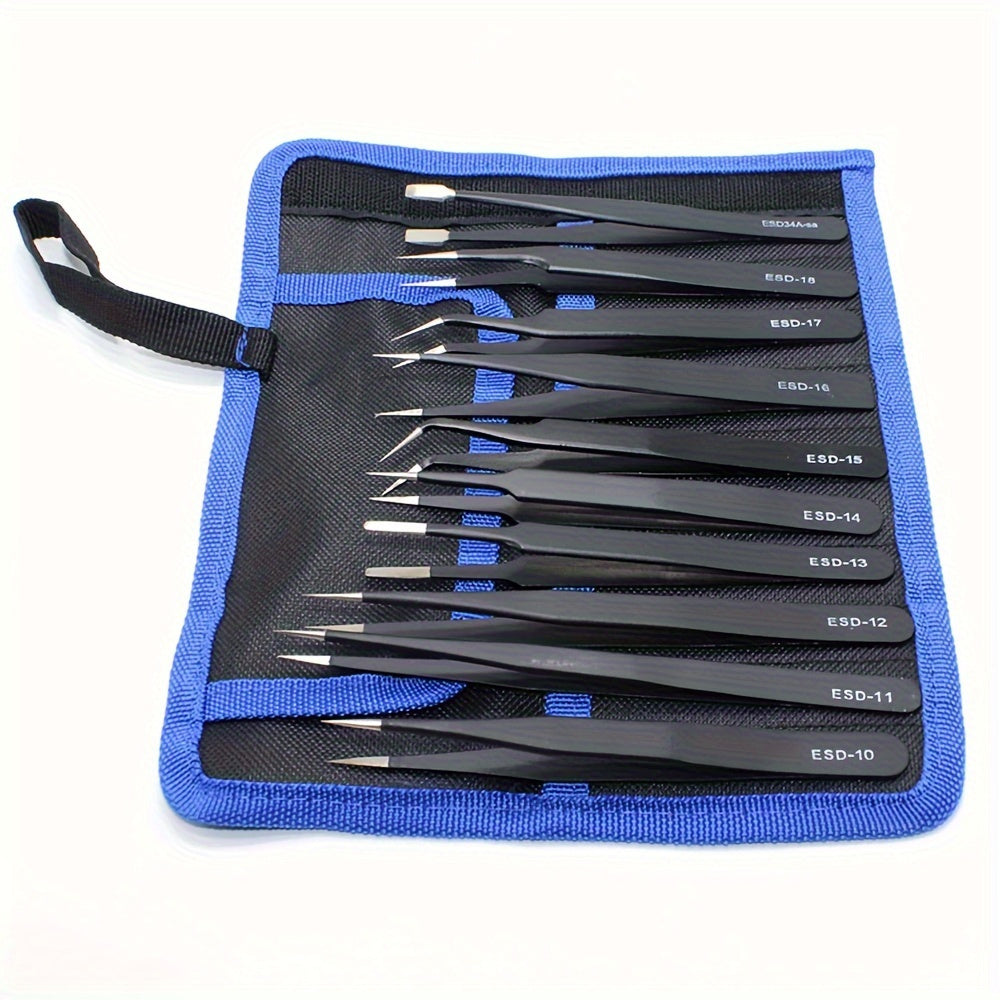 10-piece premium anti-static stainless steel tweezer set for precise tasks in home repair, model making, and electronics, featuring a durable and ergonomic design.