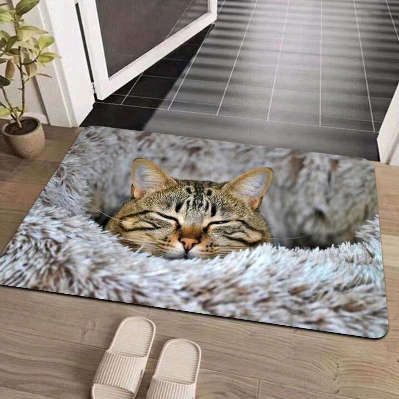 Soft Cat Print Plush Doormat, Easy-to-Clean Polyester Floor Mat with Non-Slip Backing for Living Room, Bedroom, Bathroom, Kitchen - Thick and Stylish Entryway Rug