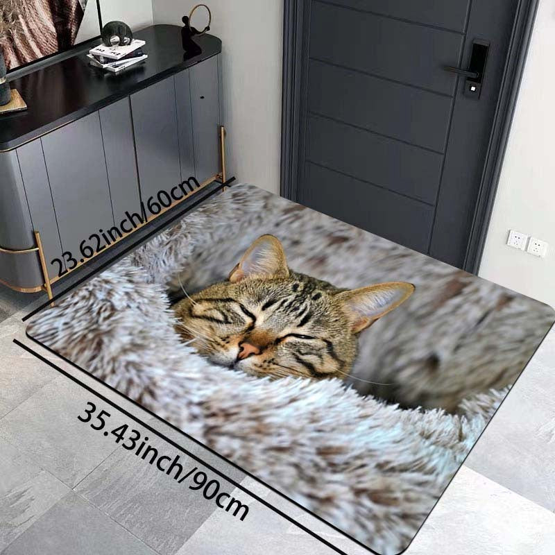 Soft Cat Print Plush Doormat, Easy-to-Clean Polyester Floor Mat with Non-Slip Backing for Living Room, Bedroom, Bathroom, Kitchen - Thick and Stylish Entryway Rug