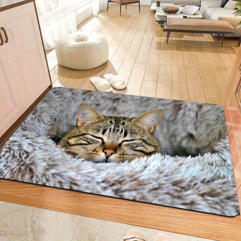 Soft Cat Print Plush Doormat, Easy-to-Clean Polyester Floor Mat with Non-Slip Backing for Living Room, Bedroom, Bathroom, Kitchen - Thick and Stylish Entryway Rug