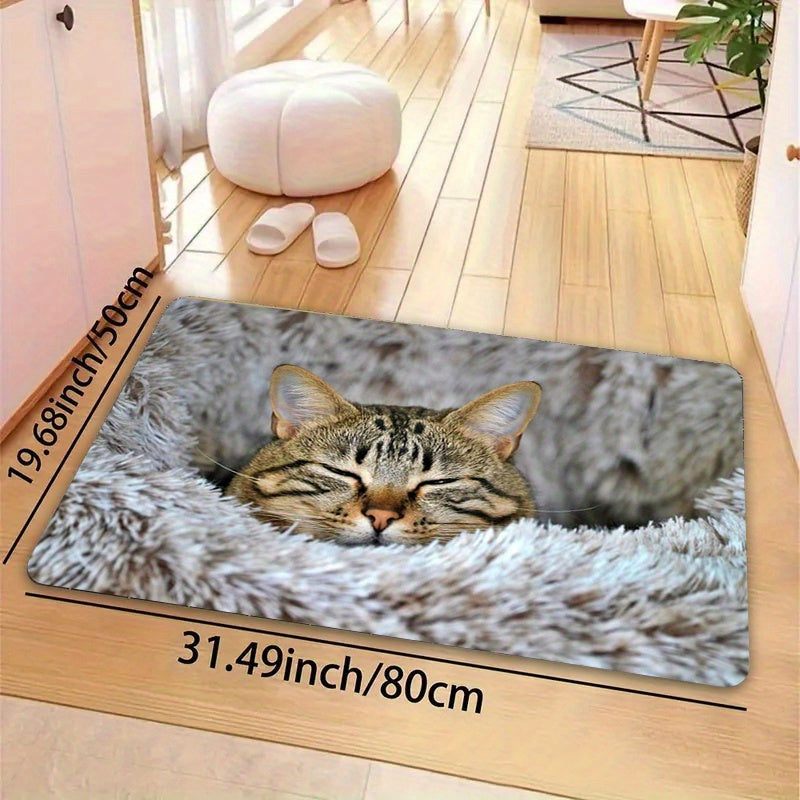 Soft Cat Print Plush Doormat, Easy-to-Clean Polyester Floor Mat with Non-Slip Backing for Living Room, Bedroom, Bathroom, Kitchen - Thick and Stylish Entryway Rug