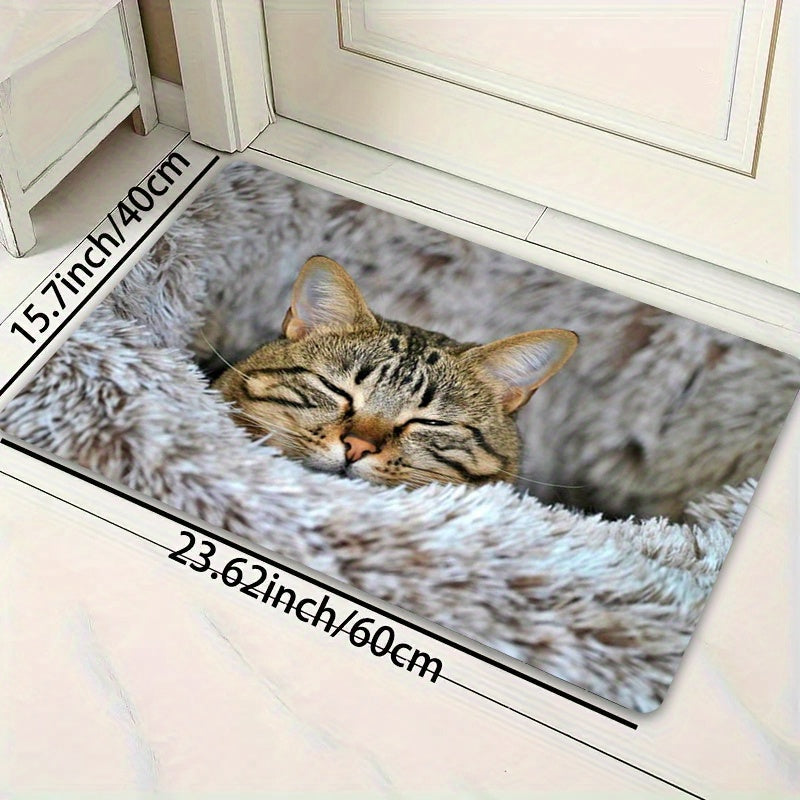 Soft Cat Print Plush Doormat, Easy-to-Clean Polyester Floor Mat with Non-Slip Backing for Living Room, Bedroom, Bathroom, Kitchen - Thick and Stylish Entryway Rug