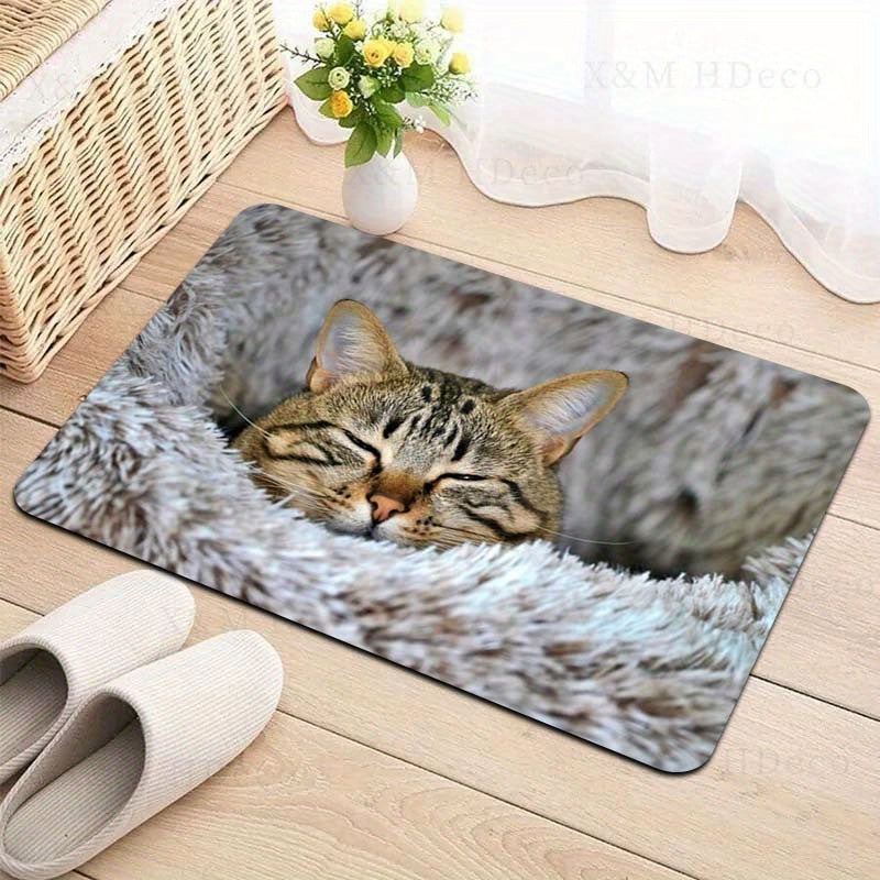 Soft Cat Print Plush Doormat, Easy-to-Clean Polyester Floor Mat with Non-Slip Backing for Living Room, Bedroom, Bathroom, Kitchen - Thick and Stylish Entryway Rug