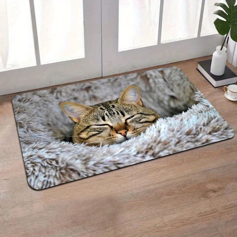 Soft Cat Print Plush Doormat, Easy-to-Clean Polyester Floor Mat with Non-Slip Backing for Living Room, Bedroom, Bathroom, Kitchen - Thick and Stylish Entryway Rug